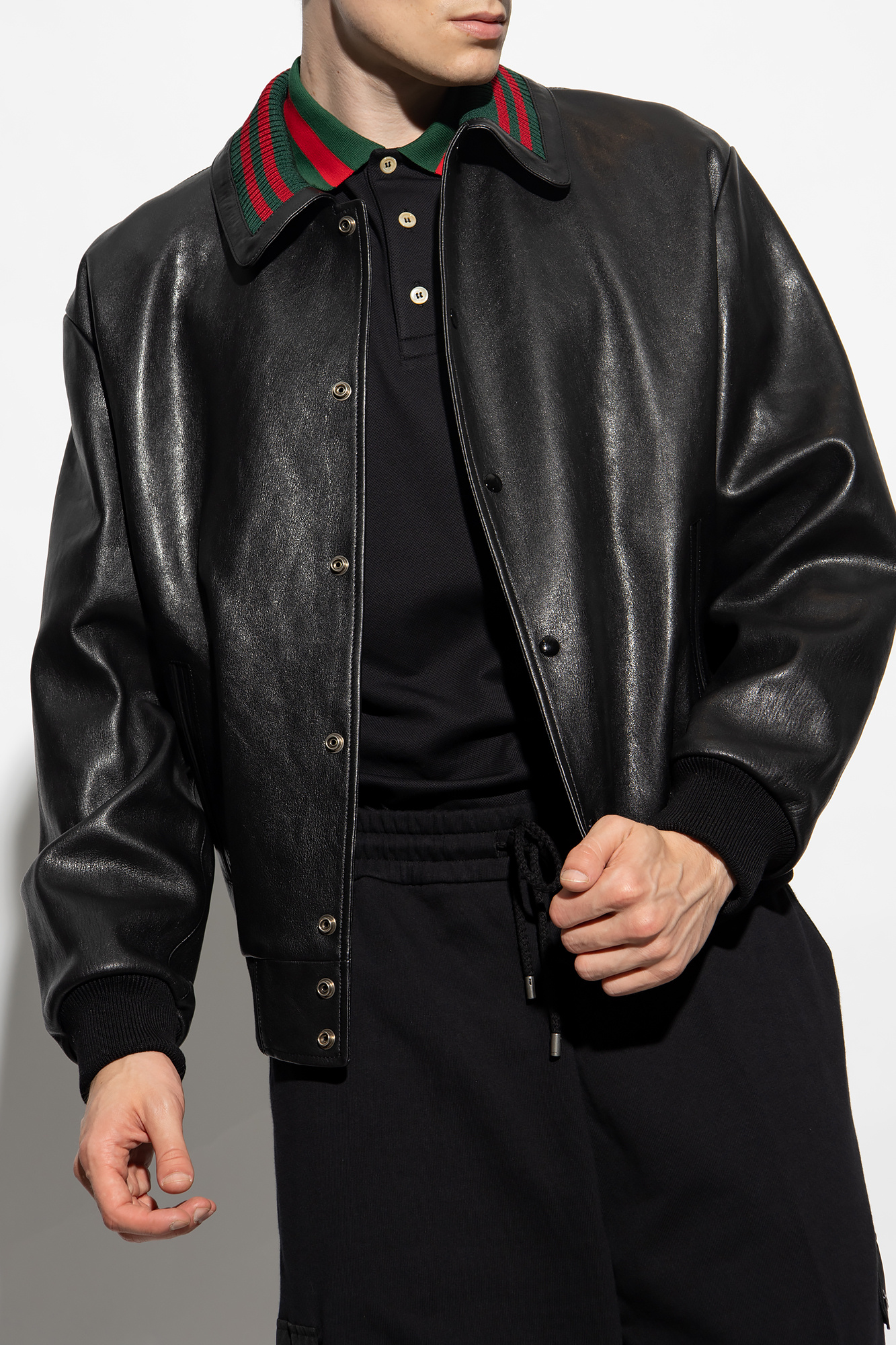 Gucci mens shop leather bomber jacket